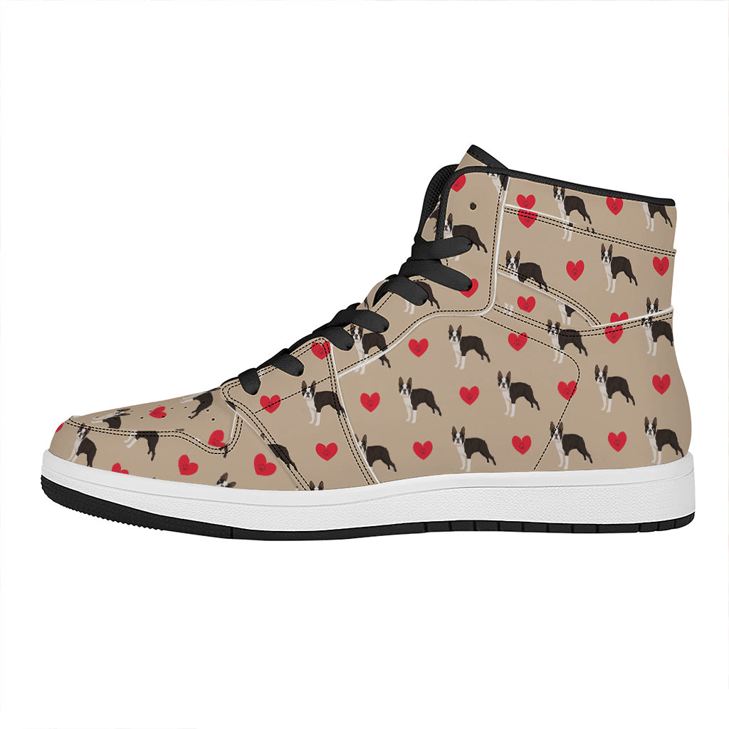 Boston Terrier Heart Pattern Print High Top Leather Sneakers