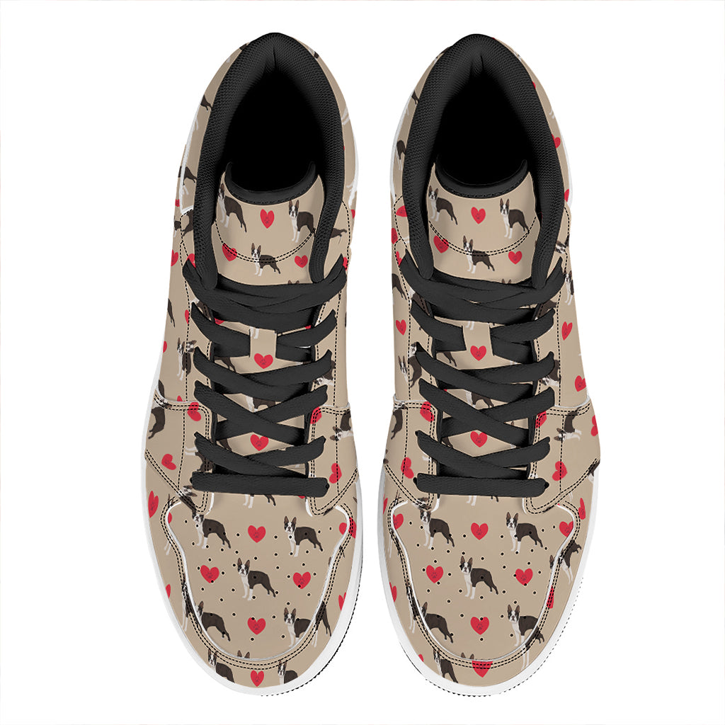 Boston Terrier Heart Pattern Print High Top Leather Sneakers