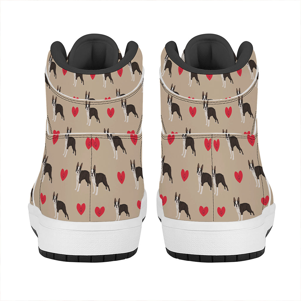Boston Terrier Heart Pattern Print High Top Leather Sneakers