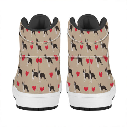 Boston Terrier Heart Pattern Print High Top Leather Sneakers