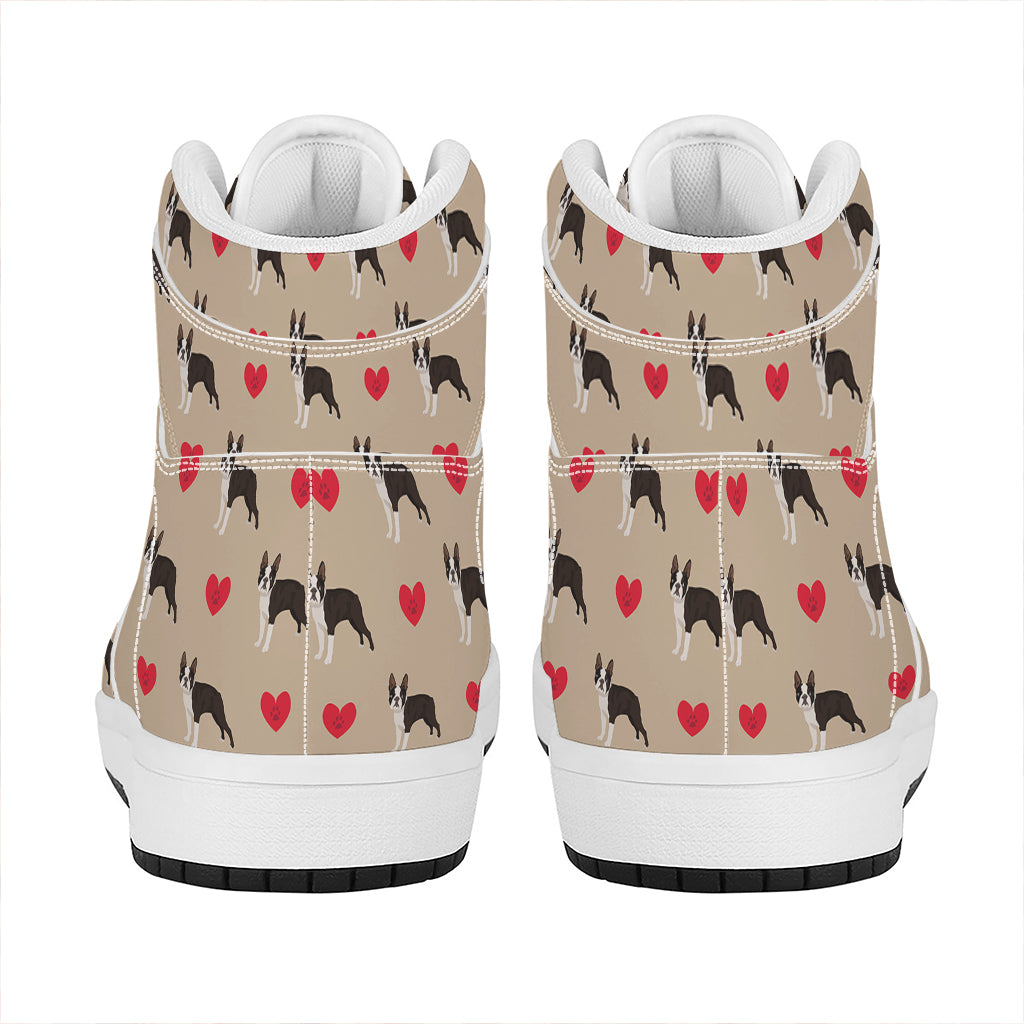 Boston Terrier Heart Pattern Print High Top Leather Sneakers