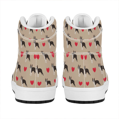 Boston Terrier Heart Pattern Print High Top Leather Sneakers
