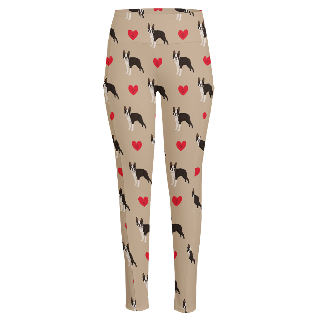 Boston Terrier Heart Pattern Print High-Waisted Pocket Leggings