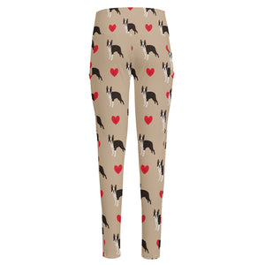 Boston Terrier Heart Pattern Print High-Waisted Pocket Leggings