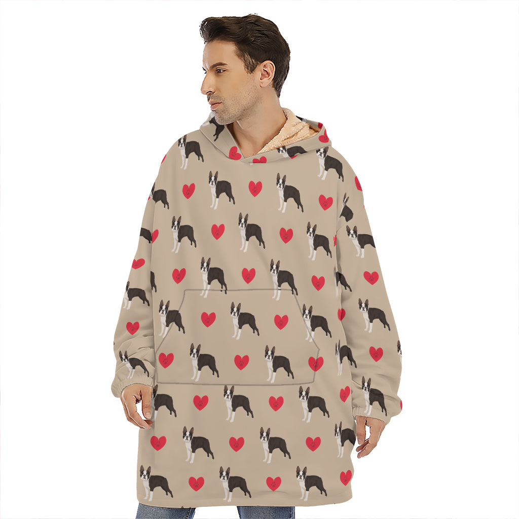 Boston Terrier Heart Pattern Print Hoodie Blanket