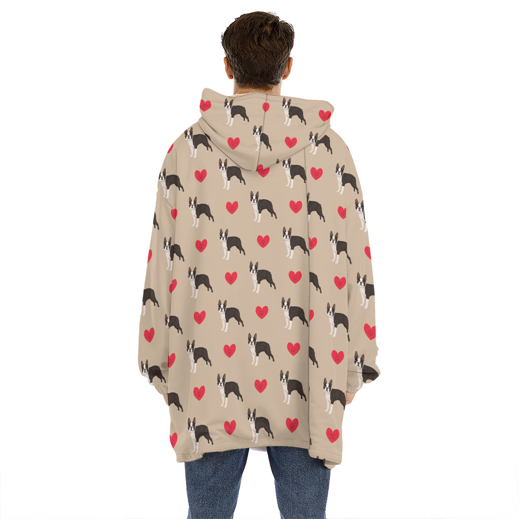 Boston Terrier Heart Pattern Print Hoodie Blanket