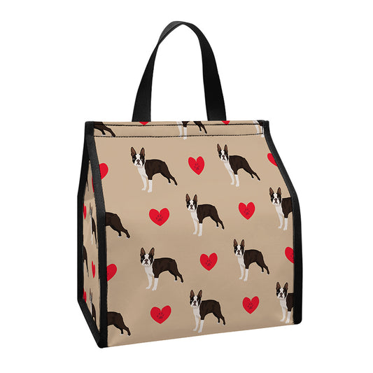 Boston Terrier Heart Pattern Print Insulated Lunch Tote