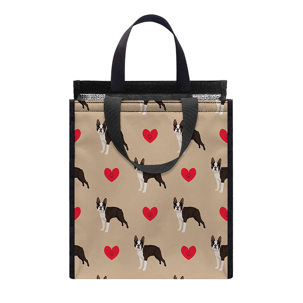 Boston Terrier Heart Pattern Print Insulated Lunch Tote