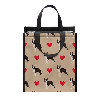 Boston Terrier Heart Pattern Print Insulated Lunch Tote