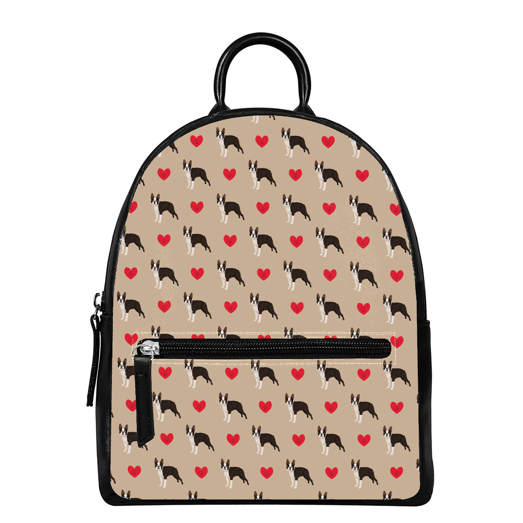 Boston Terrier Heart Pattern Print Leather Backpack