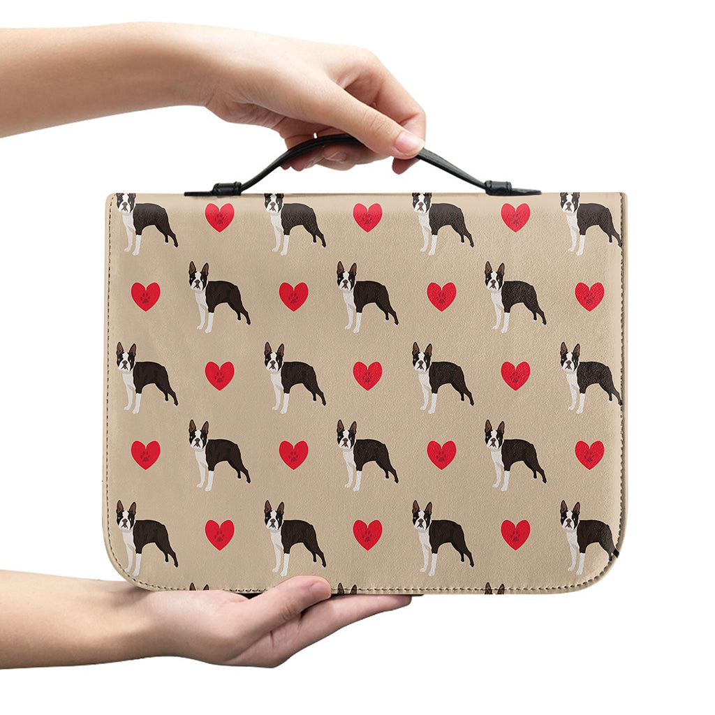 Boston Terrier Heart Pattern Print Leather Bible Cover
