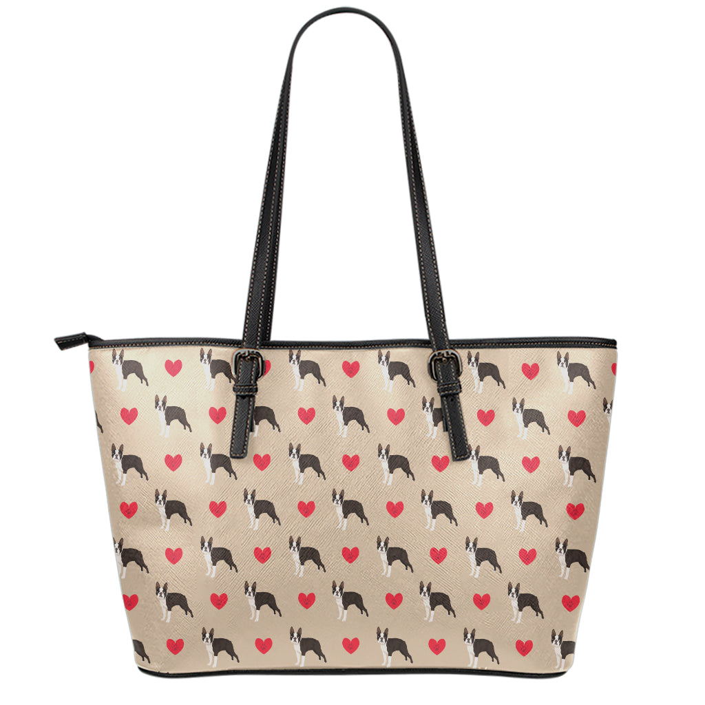 Boston Terrier Heart Pattern Print Leather Tote Bag