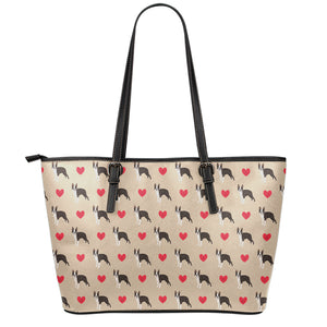 Boston Terrier Heart Pattern Print Leather Tote Bag