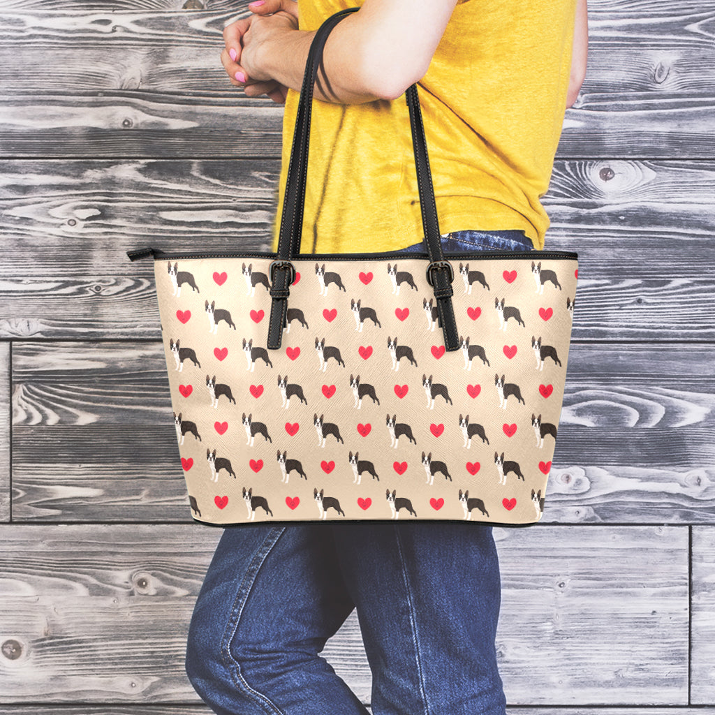 Boston Terrier Heart Pattern Print Leather Tote Bag