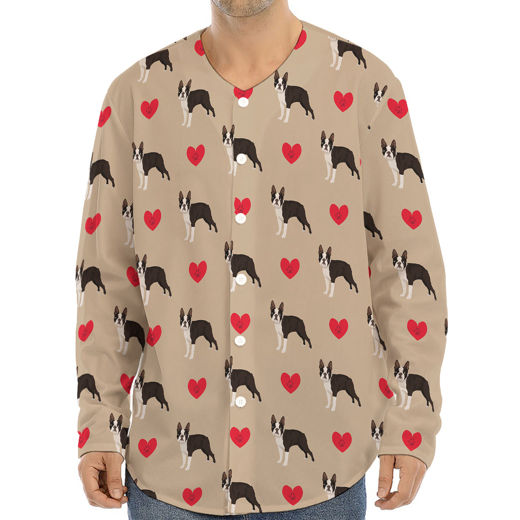 Boston Terrier Heart Pattern Print Long Sleeve Baseball Jersey