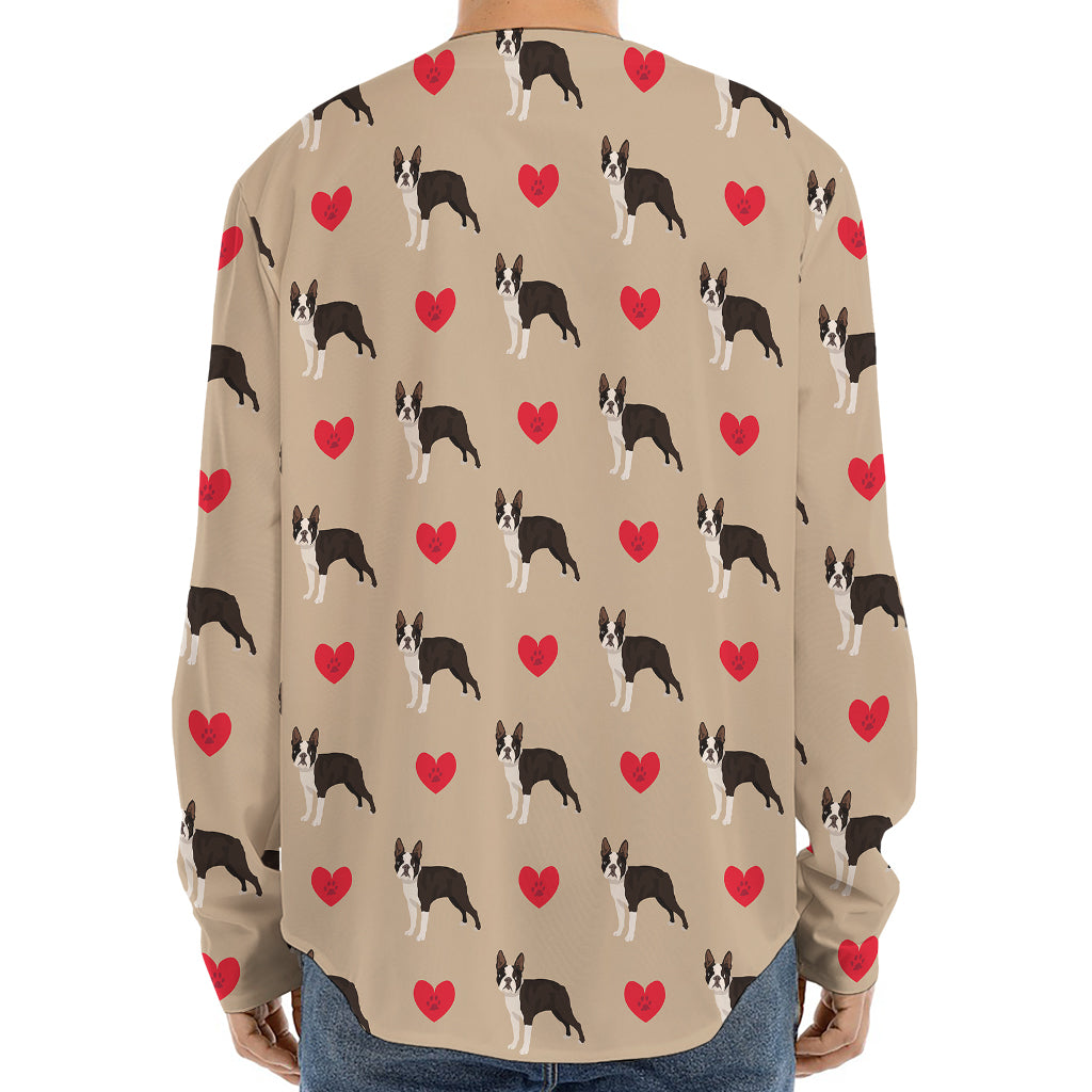 Boston Terrier Heart Pattern Print Long Sleeve Baseball Jersey