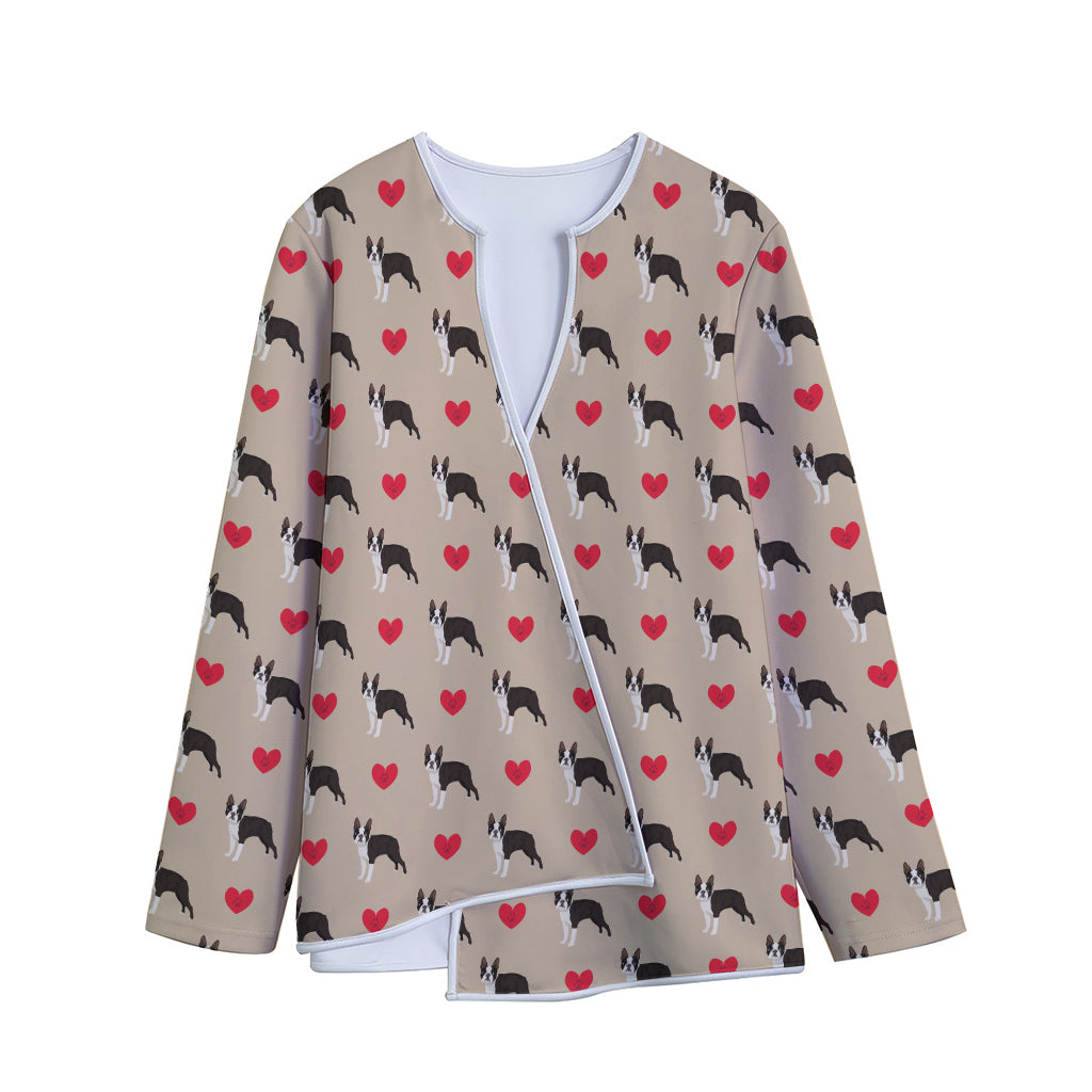 Boston Terrier Heart Pattern Print Long Sleeve Short Coat