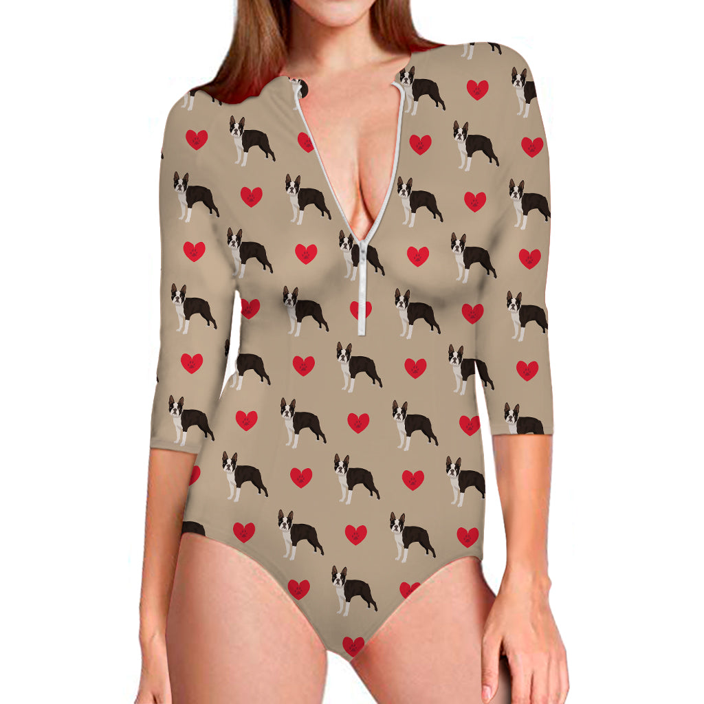 Boston Terrier Heart Pattern Print Long Sleeve Swimsuit