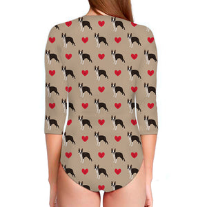 Boston Terrier Heart Pattern Print Long Sleeve Swimsuit