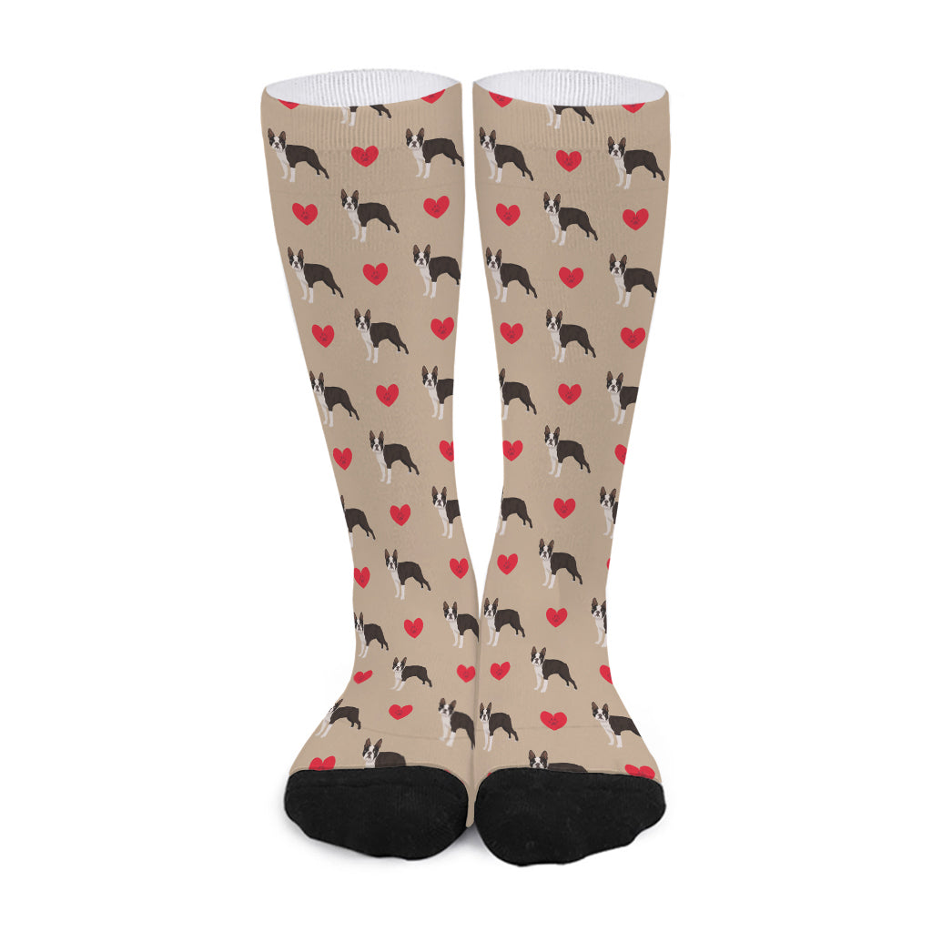 Boston Terrier Heart Pattern Print Long Socks