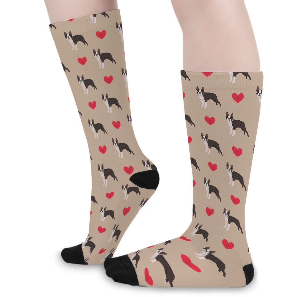 Boston Terrier Heart Pattern Print Long Socks