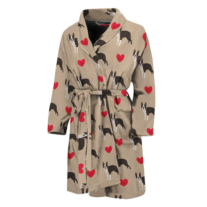 Boston Terrier Heart Pattern Print Men's Bathrobe