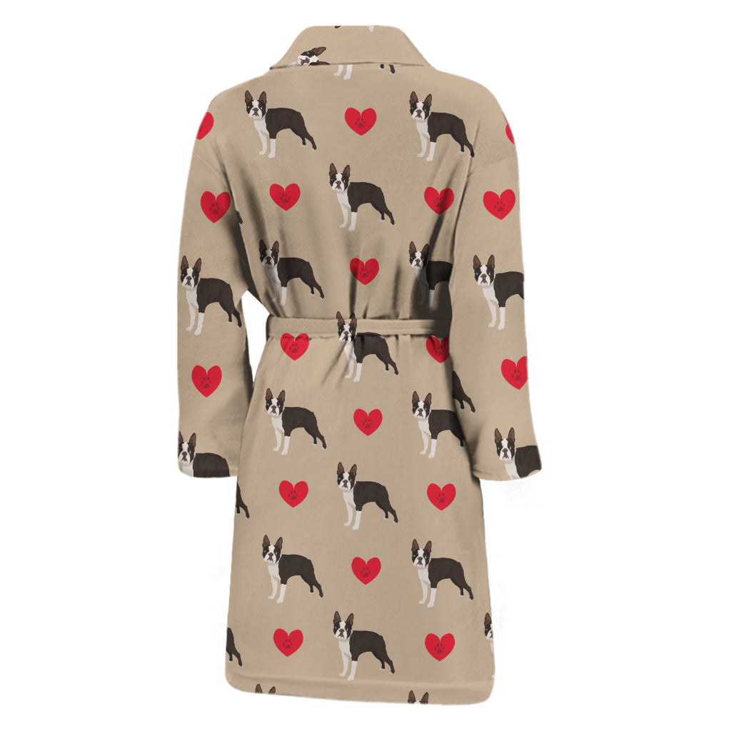 Boston Terrier Heart Pattern Print Men's Bathrobe
