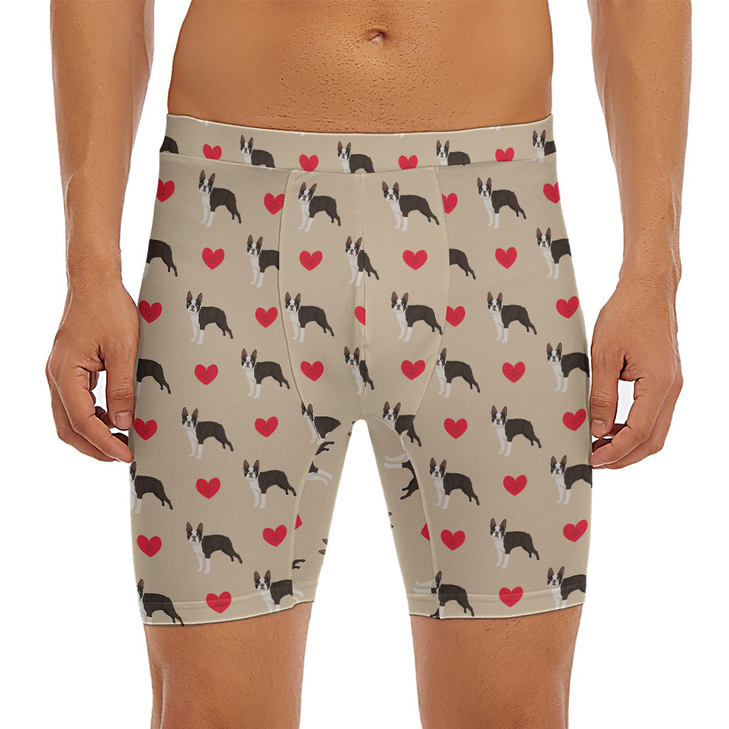 Boston Terrier Heart Pattern Print Men's Long Boxer Briefs