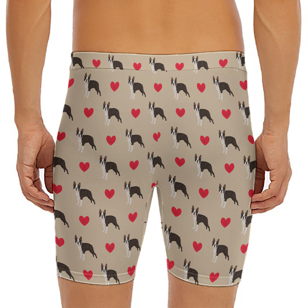 Boston Terrier Heart Pattern Print Men's Long Boxer Briefs