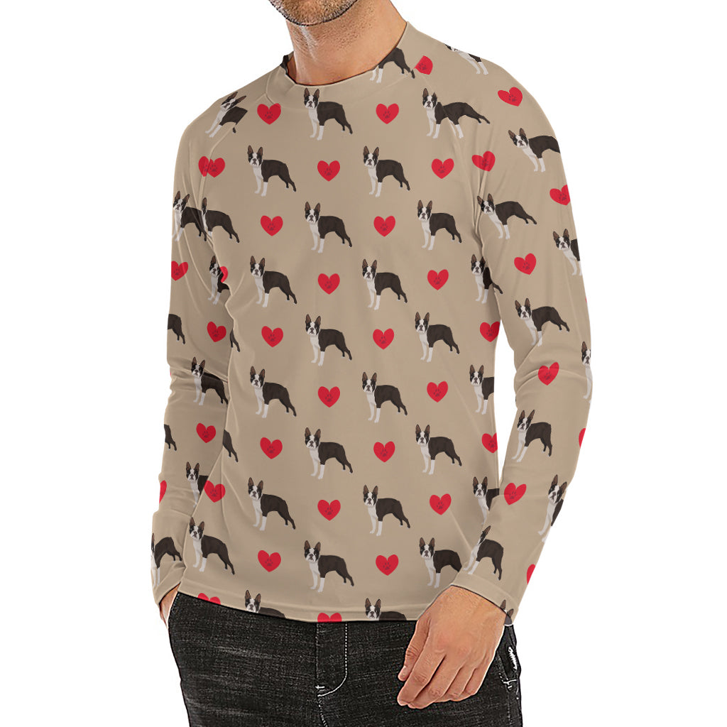 Boston Terrier Heart Pattern Print Men's Long Sleeve Rash Guard