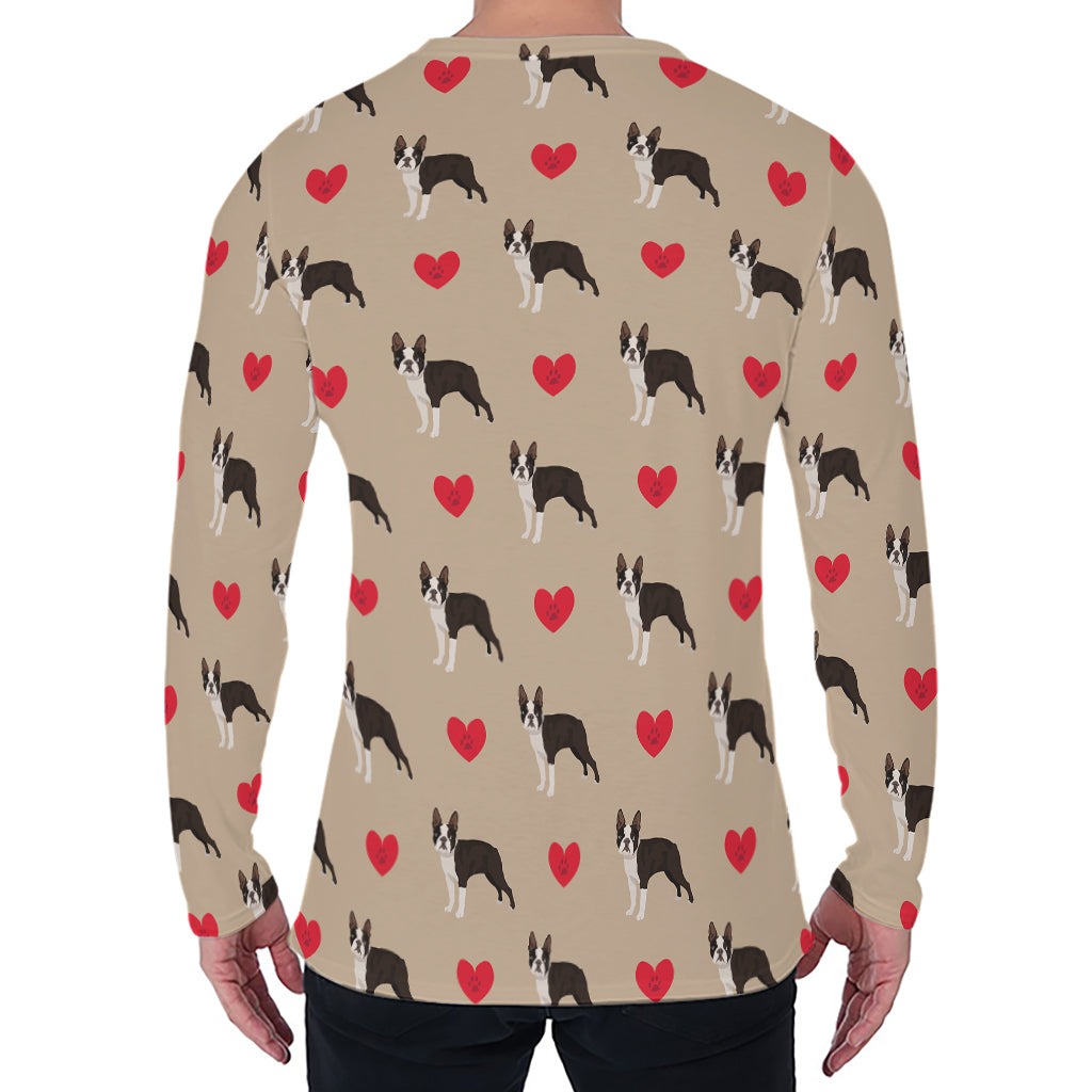 Boston Terrier Heart Pattern Print Men's Long Sleeve T-Shirt