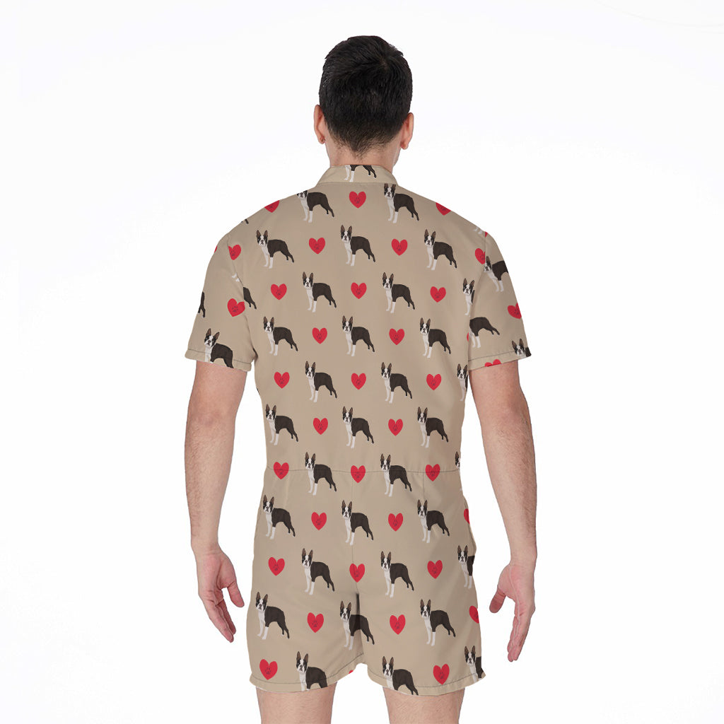 Boston Terrier Heart Pattern Print Men's Rompers