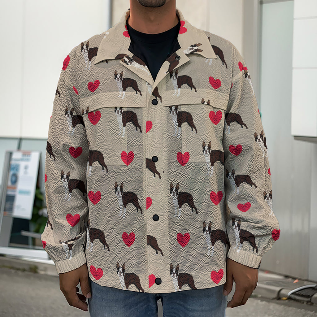 Boston Terrier Heart Pattern Print Men's Shirt Jacket