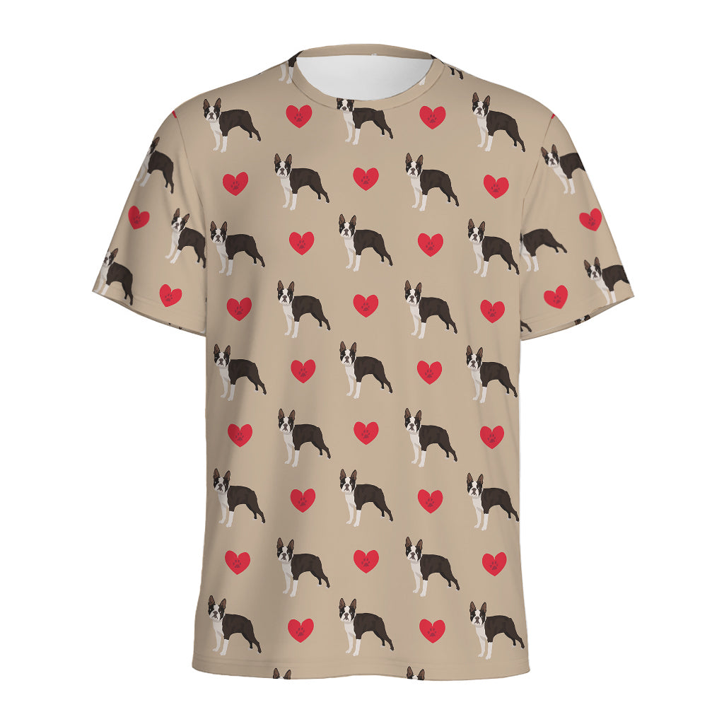 Boston Terrier Heart Pattern Print Men's Sports T-Shirt