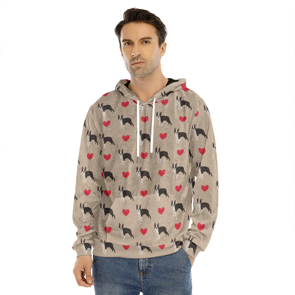 Boston Terrier Heart Pattern Print Men's Velvet Pullover Hoodie