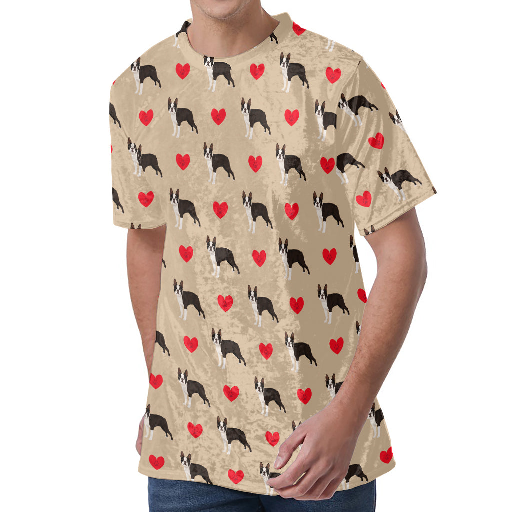 Boston Terrier Heart Pattern Print Men's Velvet T-Shirt