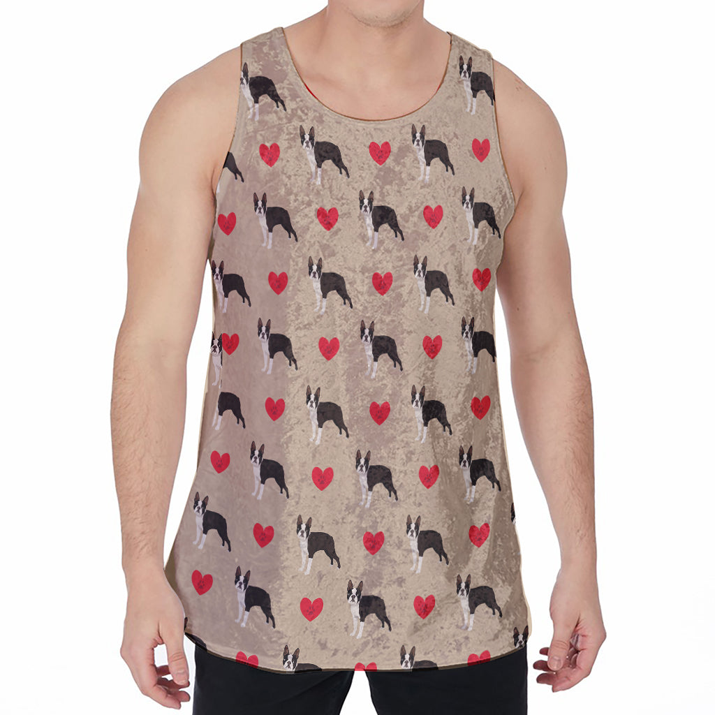 Boston Terrier Heart Pattern Print Men's Velvet Tank Top