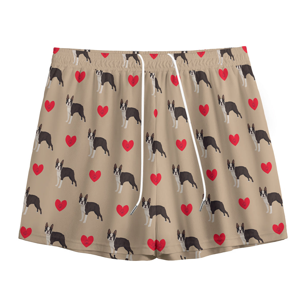 Boston Terrier Heart Pattern Print Mesh Shorts