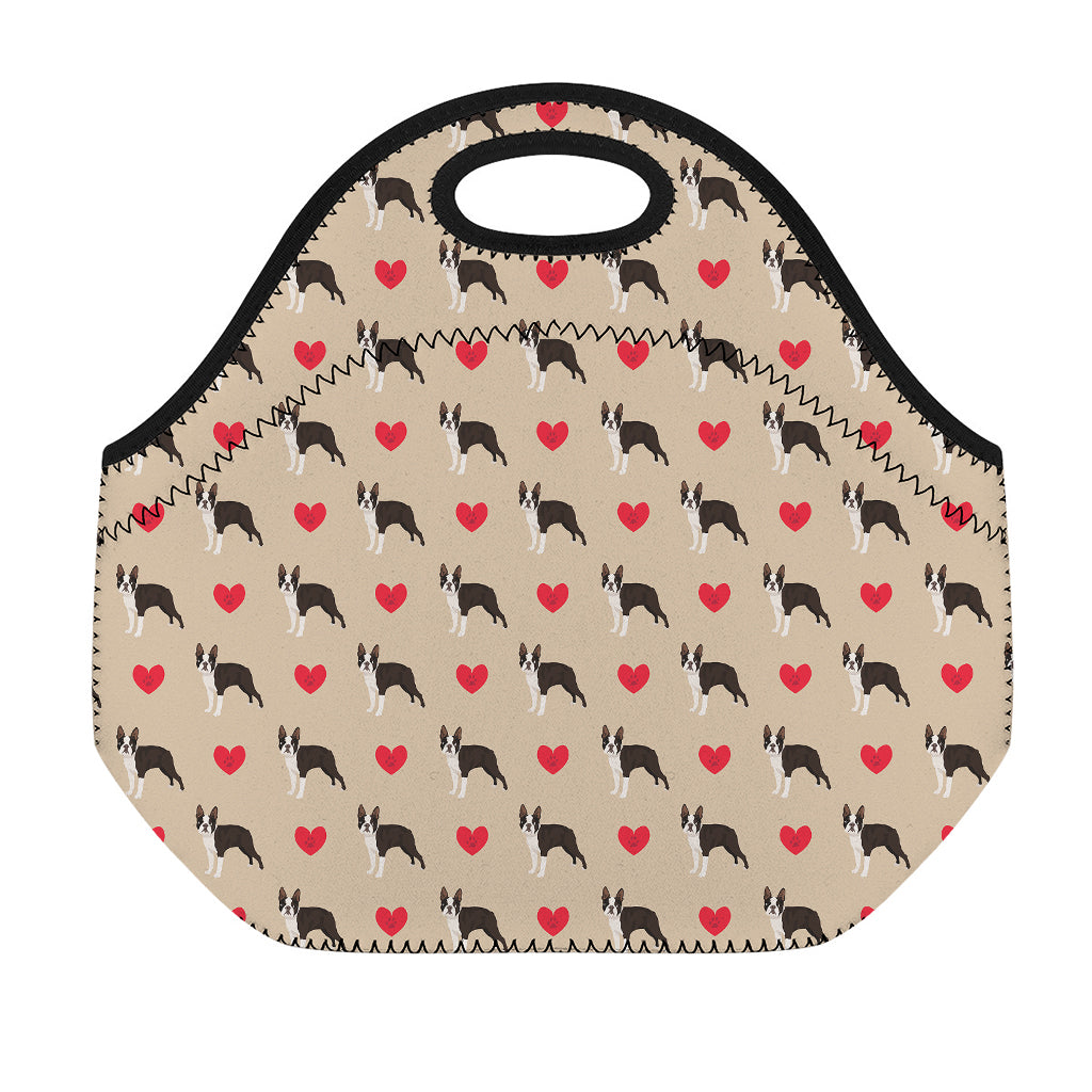 Boston Terrier Heart Pattern Print Neoprene Lunch Bag