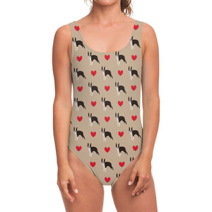 Boston Terrier Heart Pattern Print One Piece Swimsuit