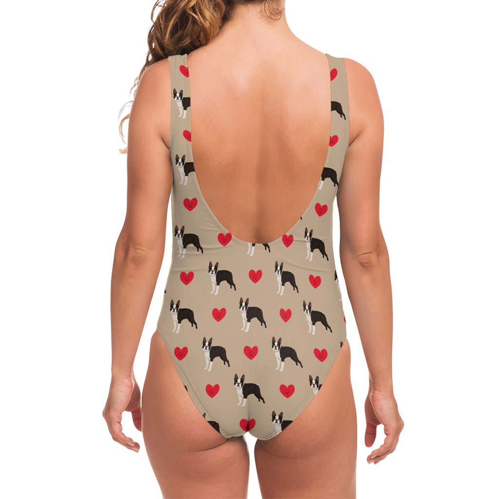 Boston Terrier Heart Pattern Print One Piece Swimsuit