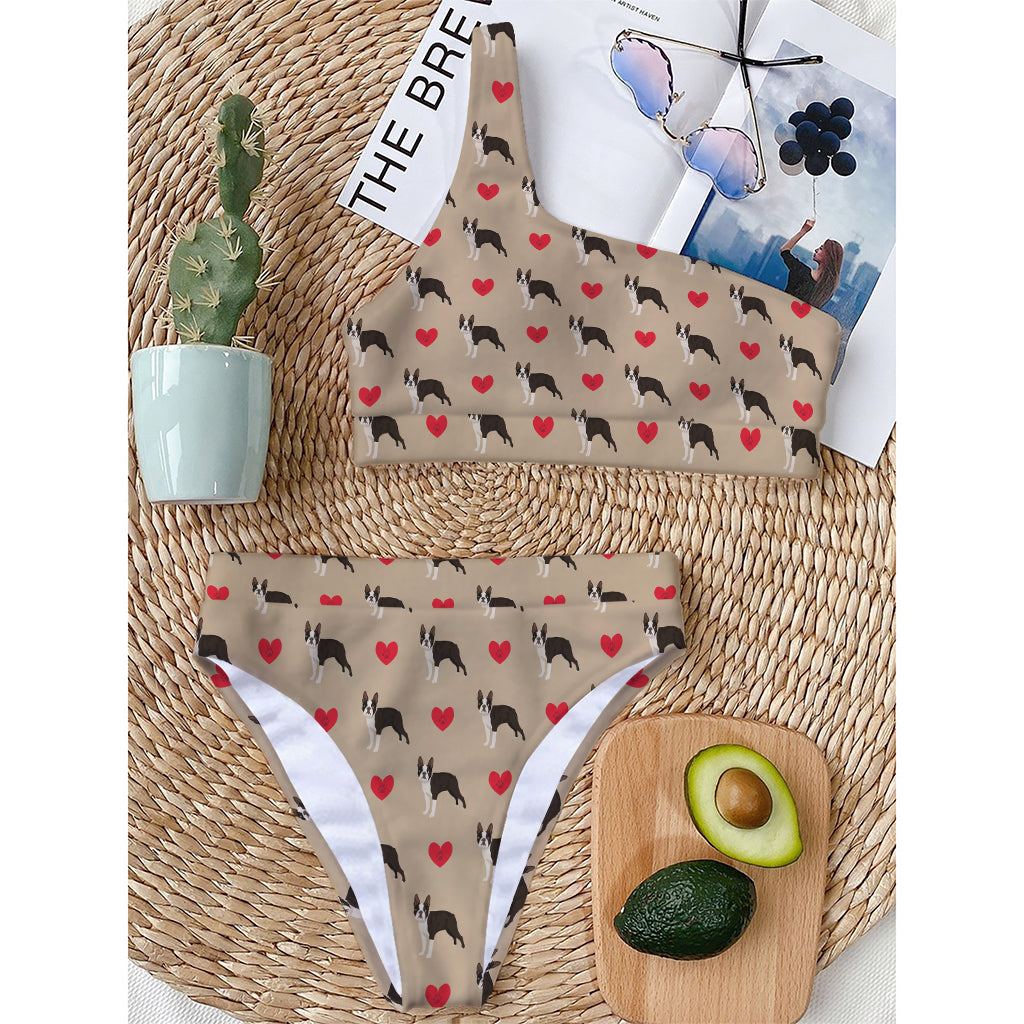 Boston Terrier Heart Pattern Print One Shoulder Bikini Top