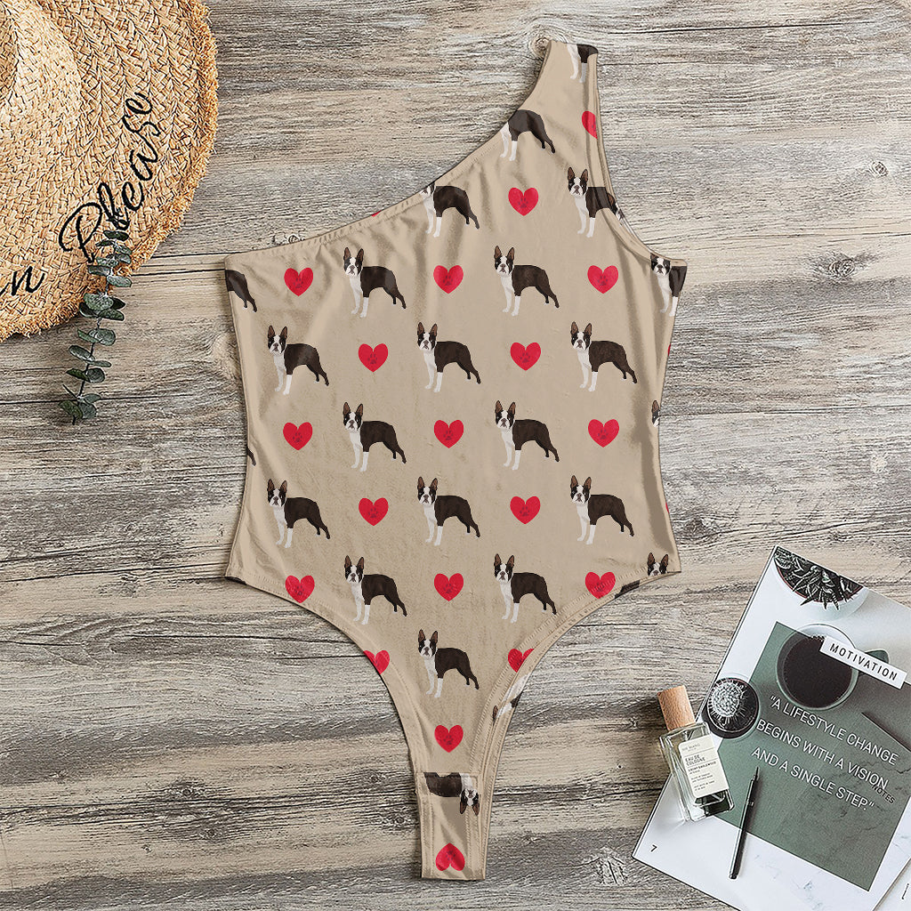 Boston Terrier Heart Pattern Print One Shoulder Bodysuit