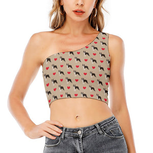 Boston Terrier Heart Pattern Print One Shoulder Crop Top