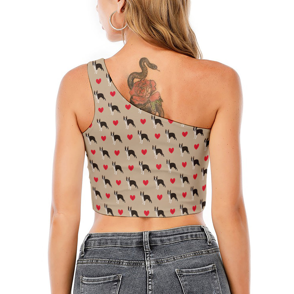 Boston Terrier Heart Pattern Print One Shoulder Crop Top