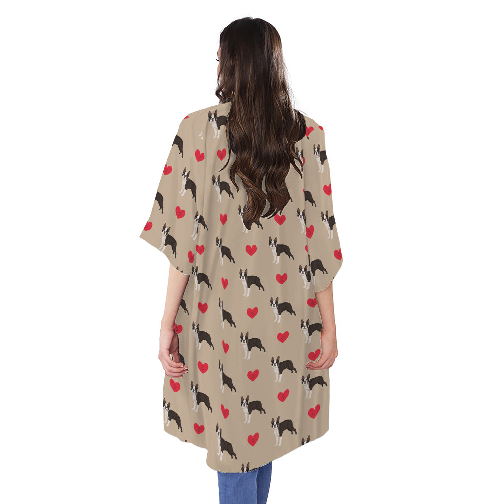 Boston Terrier Heart Pattern Print Open Front Beach Cover Up