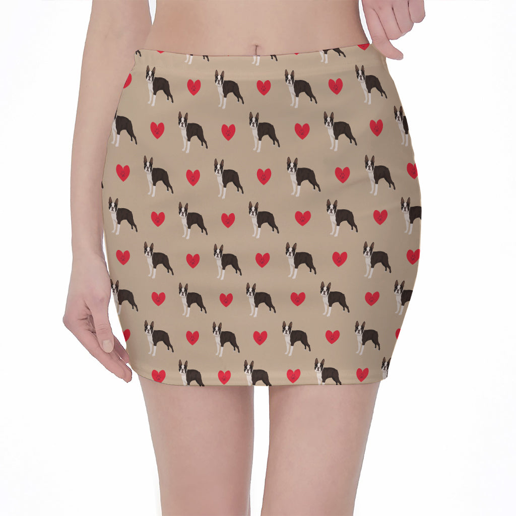 Boston Terrier Heart Pattern Print Pencil Mini Skirt