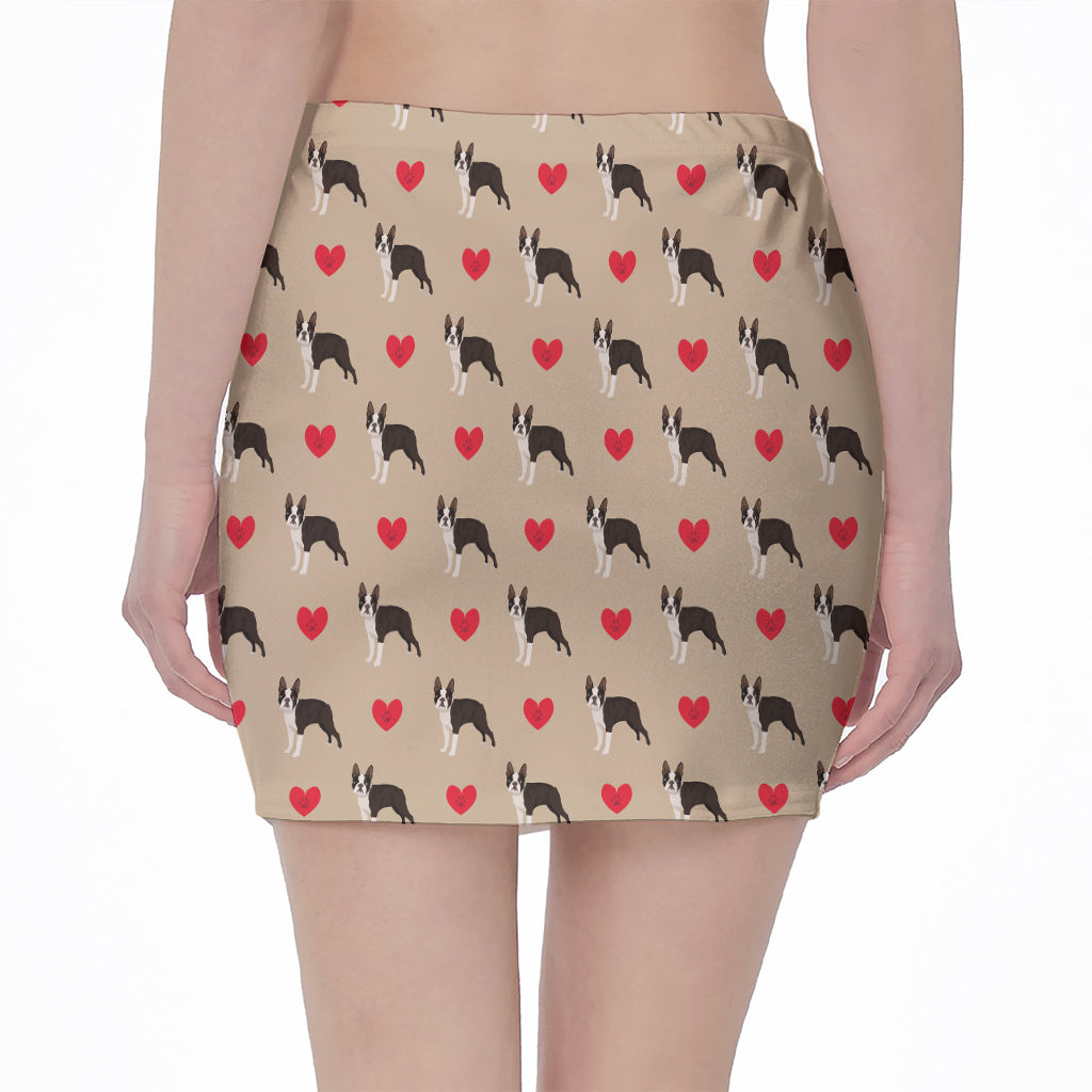 Boston Terrier Heart Pattern Print Pencil Mini Skirt