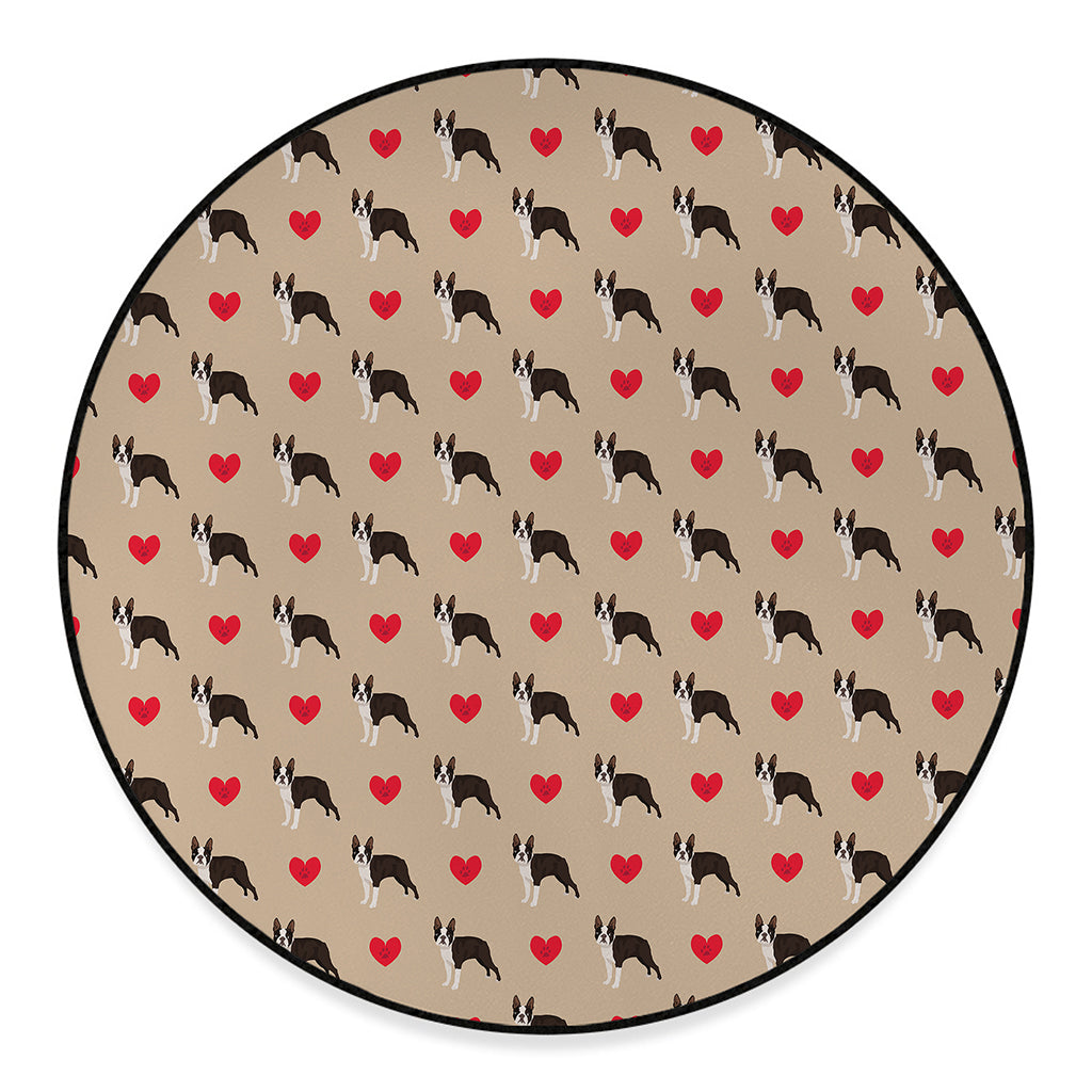 Boston Terrier Heart Pattern Print Round Floor Mat