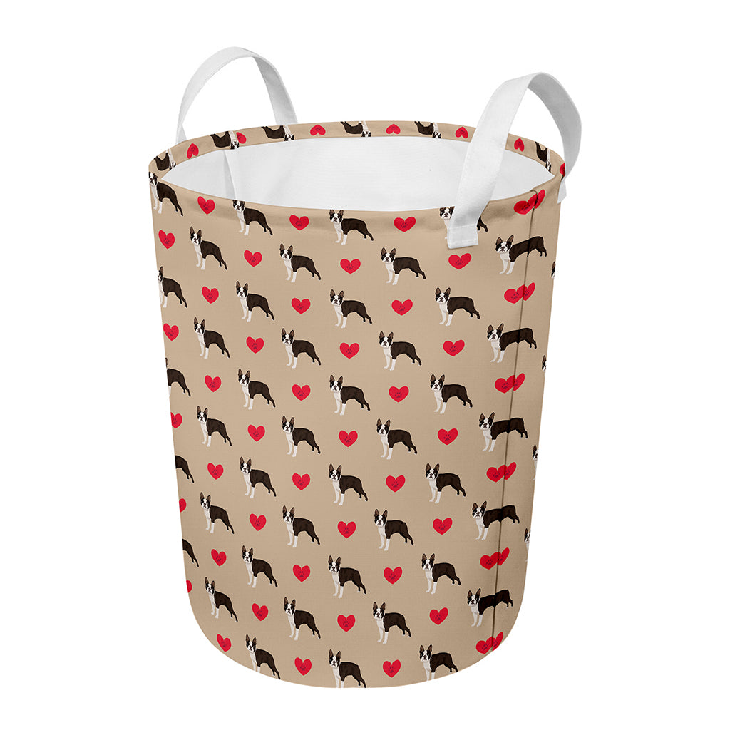 Boston Terrier Heart Pattern Print Round Laundry Basket